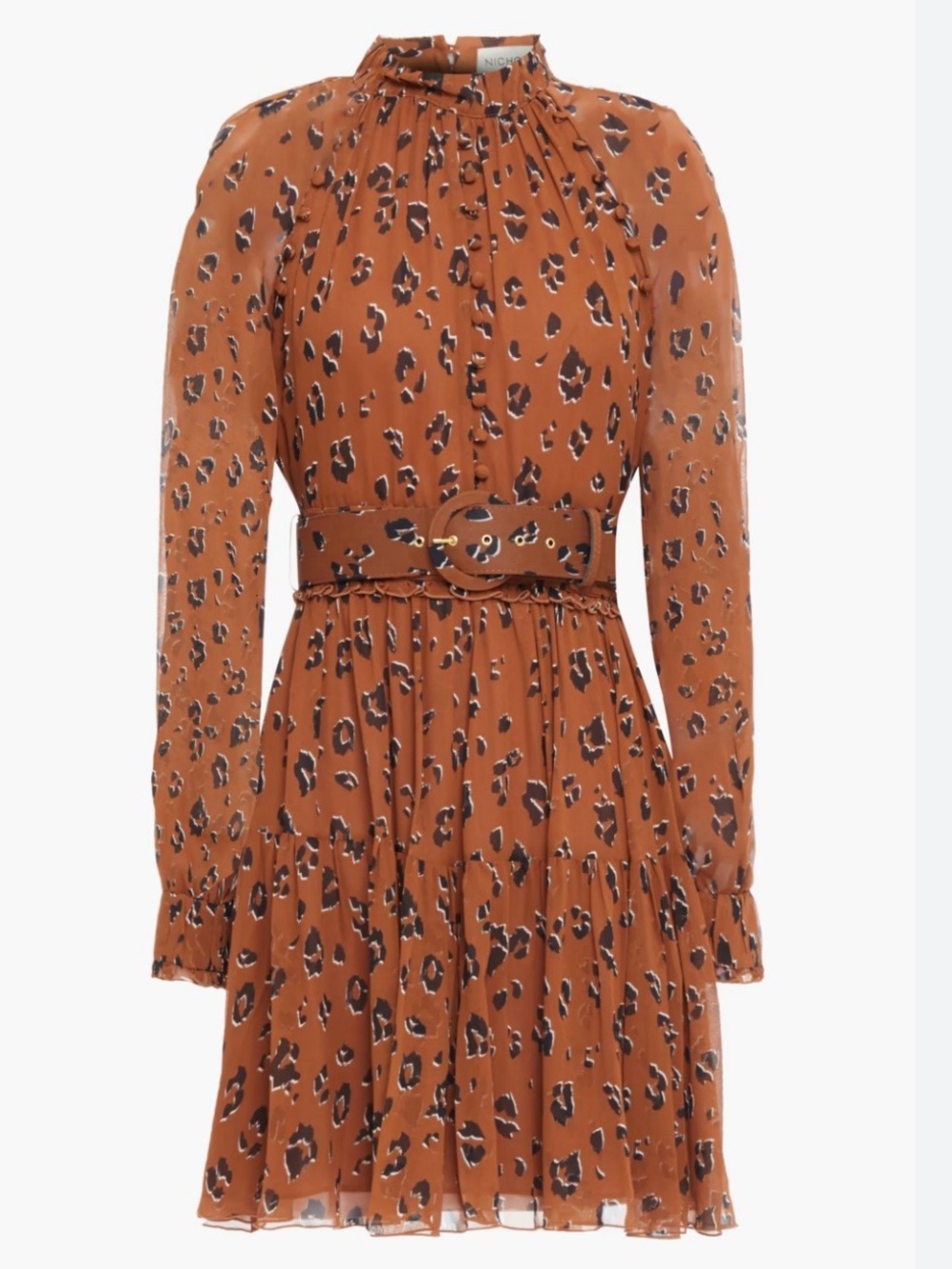 NICHOLAS Golden brown with black leopard print Long-Sleeve Belted Mini Dress
